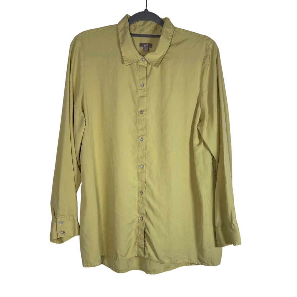 J.Jill 100% Silk Button Down Blouse Shirt Chartreuse Sage Green Tunic Top Large